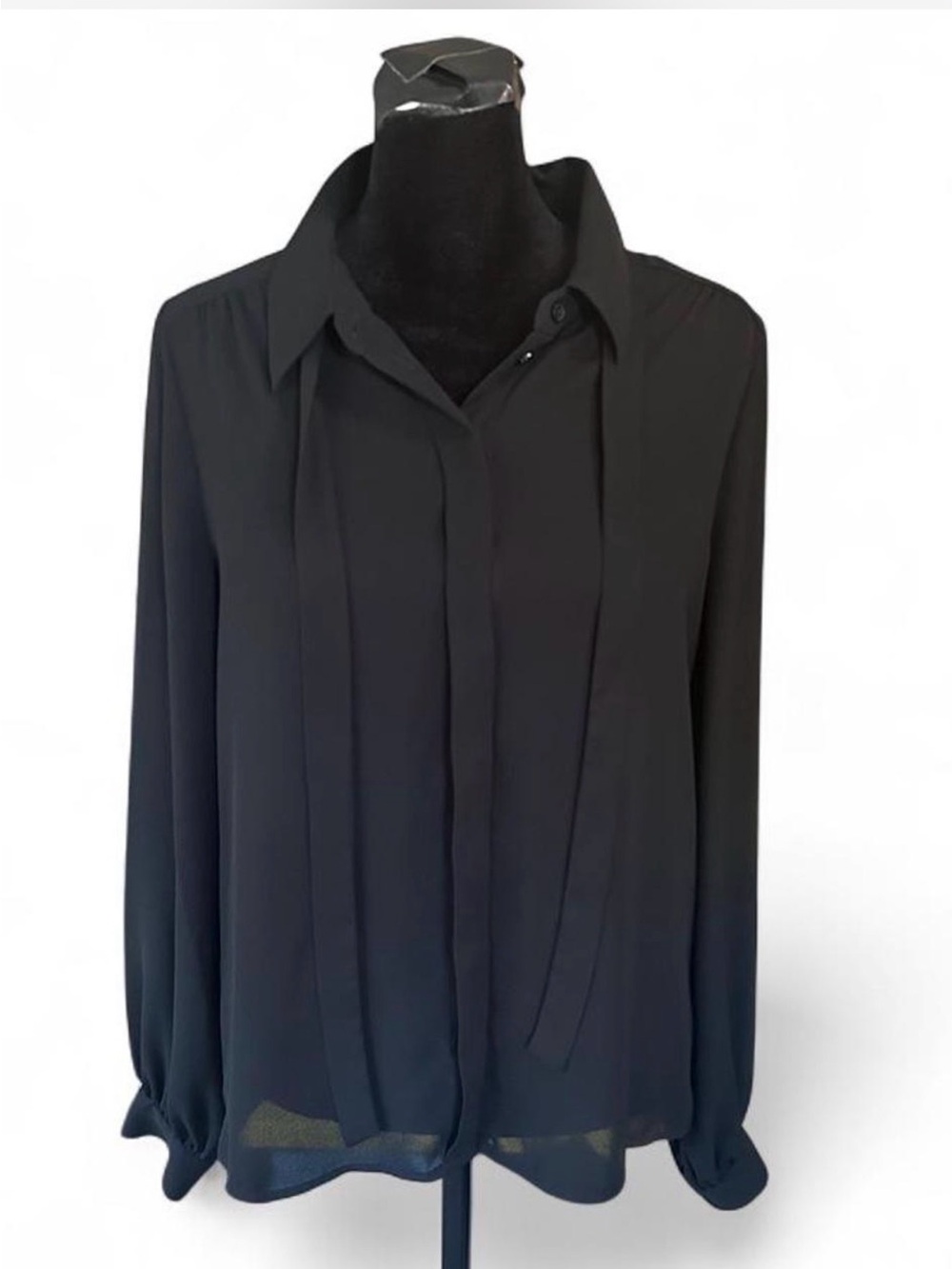 Express Women’s Black Solid Sheer Chiffon Pleated Collared Button-Up, XS